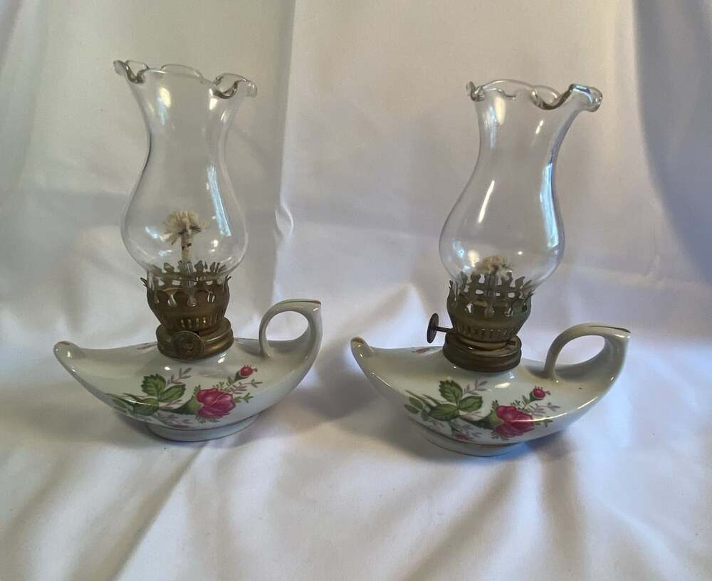 Vintage Moss Rose Miniature Ceramic Porcelain Oil Kerosene lamps